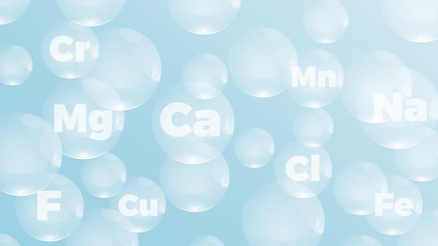 Floating bubbles. Mineral substances in water, chemical composition. Animated illustration in seamless looping