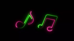 Glowing line musical note icon animation. Music note symbols. multi color neon line Music note sign animation on the black background.