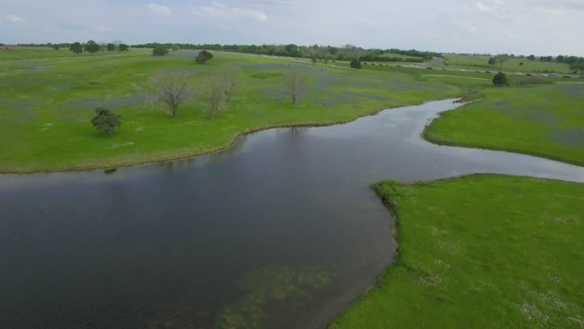 Bluebonnet Field and Red Barn (Aerial Drone View) Texas