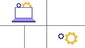 Animated Laptop throwing marketing emails with gear icons rotating, 5 separate clips, email being sent in bulk quantity, 2 gear icons moving, letter going in the email envelope, laptop pop up