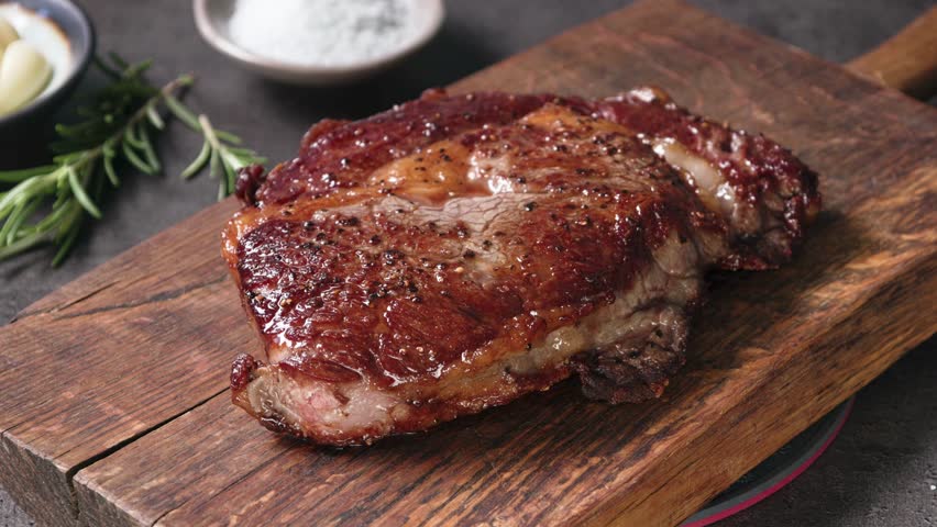 Chef slicing freshly grilled juicy beef steak meat with a knife on a wooden cutting board in the kitchen, food close-up zoom in