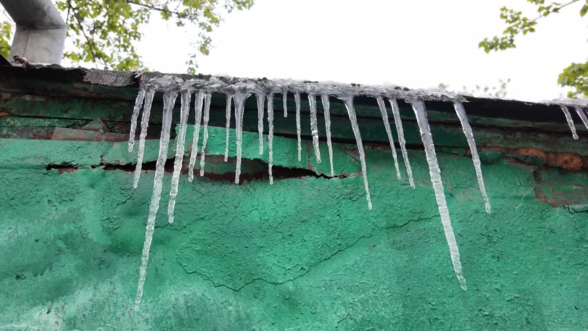May. There are trees with foliage in the background. Icicles hang and melt on the roof of the garage