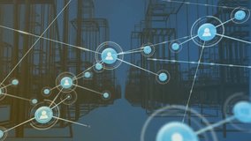 Animation of network of connections with icons over digital city model on blue background. Global connections, architecture and digital interface concept digitally generated video. - Powered by Shutterstock - Get 15% off with code: PIKWIZARD15