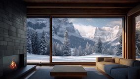 luxury cozy cabin with fireplace, beautiful living room with snowy forest view - Powered by Shutterstock - Get 15% off with code: PIKWIZARD15
