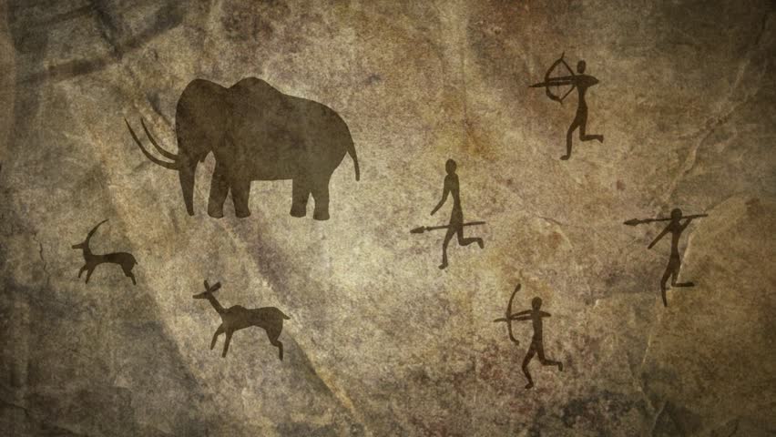 Prehistoric Caveman Hunting Old Painting In Cave. Motion Graphics Animation.