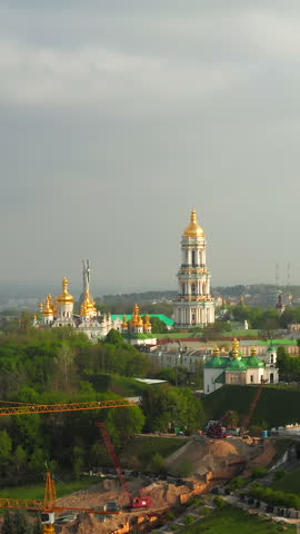 Aerial view of the Kiev Pechersk Lavra and Great Lavra Bell Tower, Ukraine. Vertical video. 