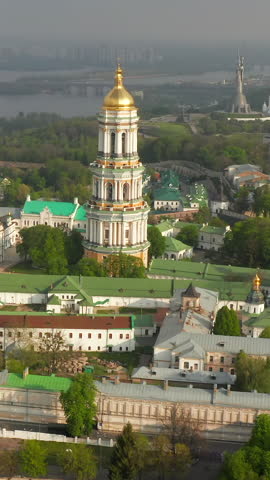 Aerial view of the Kiev Pechersk Lavra and Great Lavra Bell Tower, Ukraine. Vertical video. 