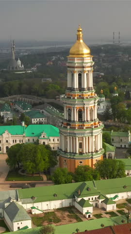 Aerial view of the Kiev Pechersk Lavra and Great Lavra Bell Tower, Ukraine. Vertical video. 