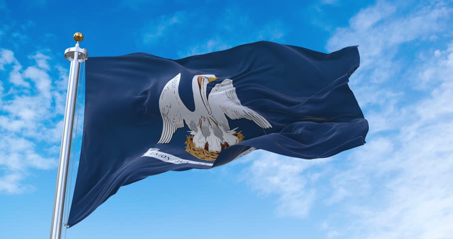Flag of Louisiana realistic waving in the wind with sky background (Perfect Loop)