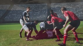 Animation of flag of russia over diverse male rugby teams tackling on pitch during match. Russian, nationality, team, match, sport and competition, digitally generated video. - Powered by Shutterstock - Get 15% off with code: PIKWIZARD15