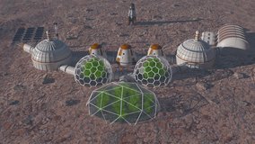 Base on Mars, aerial view. Green plants in greenhouses. A man astronaut returns to his family of colonists on Mars. Colony base on Mars. Futuristic colonization and space exploration concept. - Powered by Shutterstock - Get 15% off with code: PIKWIZARD15