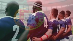 Animation of flag of portugal over diverse rugby players on field. Global sports, competition, computing and data processing concept digitally generated video. - Powered by Shutterstock - Get 15% off with code: PIKWIZARD15