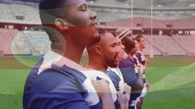 Animation of flag of costa rica over diverse male rugby team singing on pitch before match. Costa rican, nationality, team, match, patriotism, sport and competition, digitally generated video. - Powered by Shutterstock - Get 15% off with code: PIKWIZARD15
