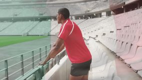 Animation of flag of italy over afrcian american rugby player in stadium. Global sports, competition, computing and data processing concept digitally generated video. - Powered by Shutterstock - Get 15% off with code: PIKWIZARD15