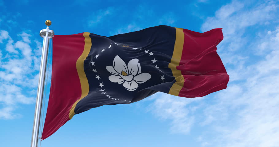 Flag of Mississippi realistic waving in the wind with sky background (Perfect Loop)