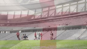 Animation of flag of england over diverse rugby players on field. Global sports, competition, computing and data processing concept digitally generated video. - Powered by Shutterstock - Get 15% off with code: PIKWIZARD15