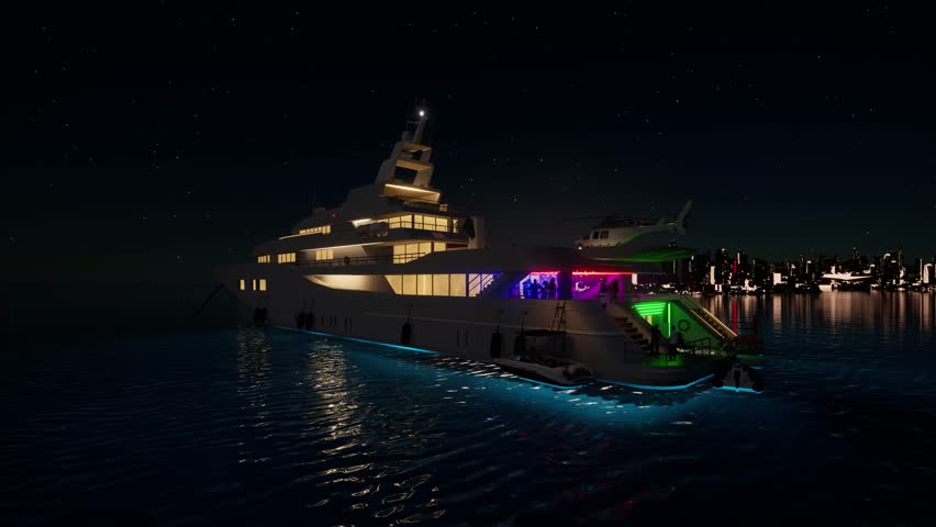 A fun party on a luxury yacht illuminated by bright, club disco lights against the backdrop of the moon and the night sea. 3D animation.