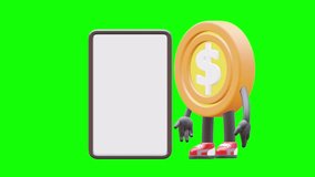 Coin Money Mascot Character Illustration with 'subscribe now' text animation. Green Screen Background