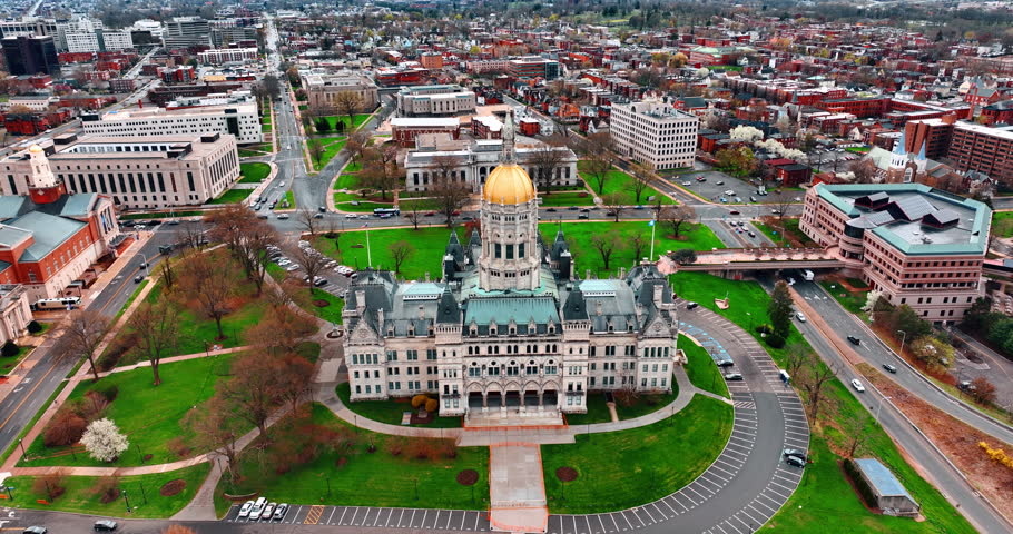 Beautiful building of Connecticut State Capitol in Hartford, CT, USA. Drone flying around the establishment at daytime.