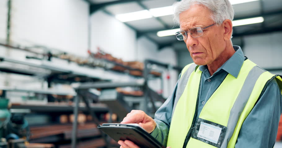Tablet, search or senior businessman in warehouse for shipping, logistics or distribution. Digital, research or elderly manager with app for supply chain, communication or stock, cargo or procurement