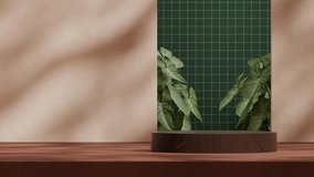 3d video rendering template mockup of wooden textured podium seamless loop shadow animation with green tile wall and leaf plant
