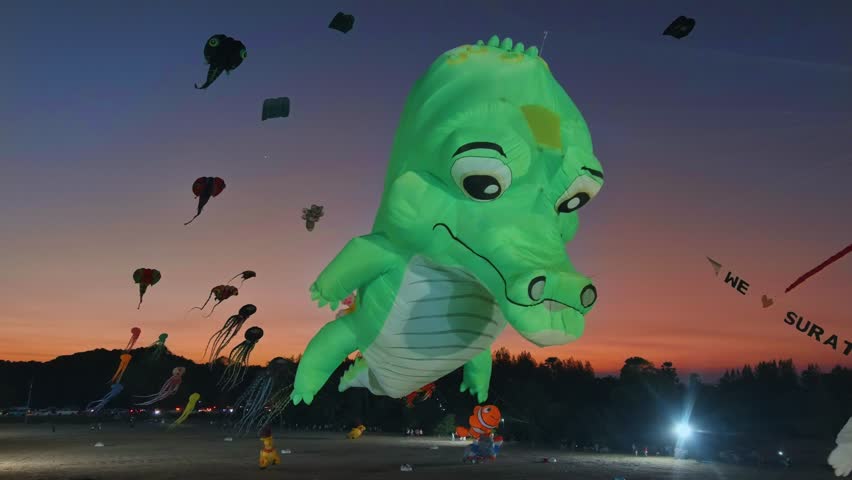 A large green alligator kite with a friendly face is the star of the show at a kite festival. The alligator kite is flying high in the sky, and its long tail is trailing behind it . The alligators