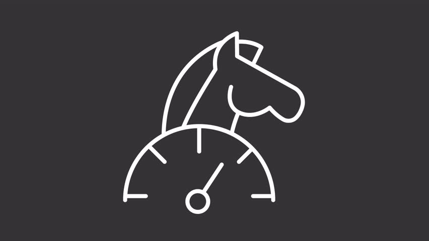Horsepower white line animation. Animated horse and speedometer icon. Power measurement. Vehicle performance. Isolated illustration on dark background. Transition alpha video. Motion graphic