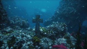 Crosses underwater in sunken cemetery on bottom of volcanic origin in Atlantic
