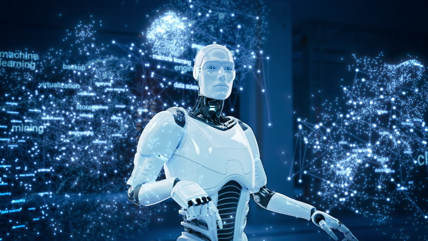 Future AI: A Slow Motion Metaverse Featuring an Advanced Humanoid Robot Surrounded by Dynamic Data Networks and Machine Learning Algorithms. Enhanced with Cloud Computing, Neural Network Capabilities - Powered by Shutterstock - Get 15% off with code: PIKWIZARD15