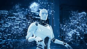 Future AI: A Slow Motion Metaverse Featuring an Advanced Humanoid Robot Surrounded by Dynamic Data Networks and Machine Learning Algorithms. Enhanced with Cloud Computing, Neural Network Capabilities - Powered by Shutterstock - Get 15% off with code: PIKWIZARD15