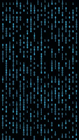 Abstract binary numbers background. Digits 0 1 display on phone screen. Digital technology, cyberspace, big data and artificial intelligence concept. 4K vertical video animation 3d rendering.