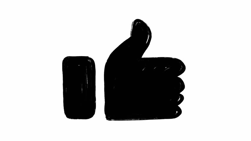 Hand giving a thumbs up gesture written in grunge cartoon style animation on white background. Isolated template of monochrome web design element which is conveying the message of love and quality