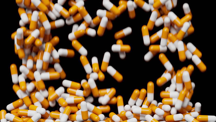 White and orange pills fall down and fill screen area. Medicine capsules backdrop. Pharmacology concept. 3d render animation