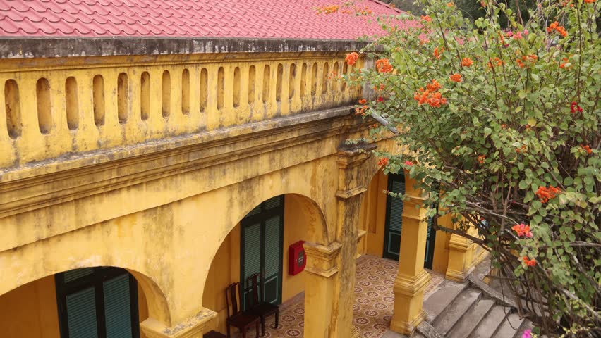 old historic yellow architecture in old quarter Hanoi the capital city of Vietnam in Southeast Asia