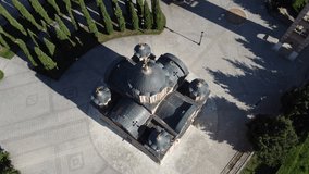 Drone video of beautiful church Hercegovacka Gracanica in town Trebinje