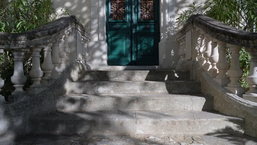 Slow dolly shot revealing antique wooden doors with metal artwork embedded