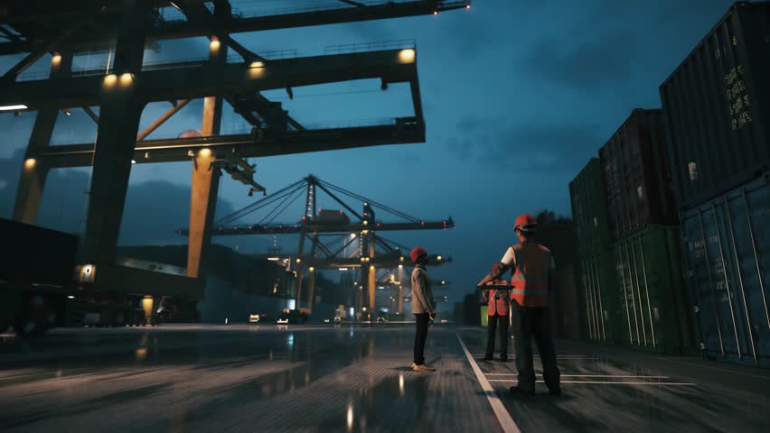 Working in container terminal at the night. Engineers and supervisor at the port. 3d animation - Powered by Shutterstock - Get 15% off with code: PIKWIZARD15