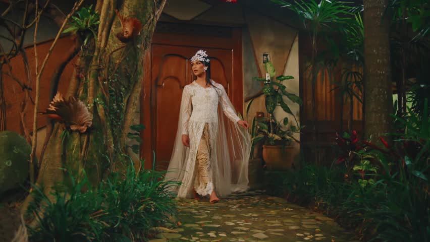 Elegant woman in white dress and headpiece walking through rustic village setting during the morning