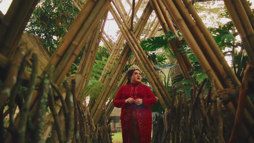 Person in red outfit standing contemplatively in a rustic wooden gazebo surrounded by greenery during the morning