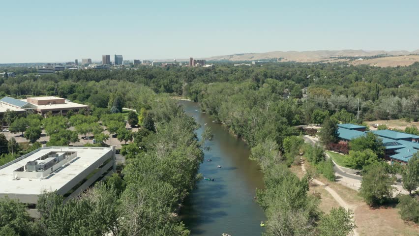 Drone footage of people floating down boise river in summer