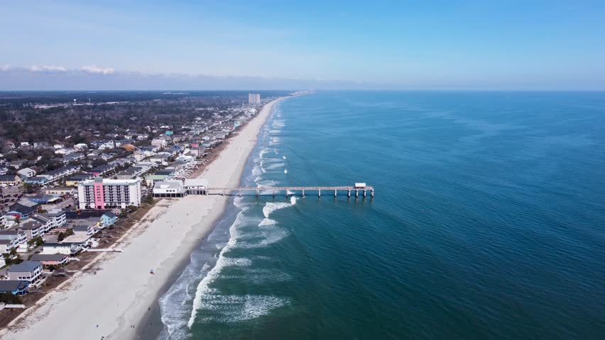 Surfside Beach South Carolina Aerial 4k Cinematic View, Clear Sunny Day, USA.
