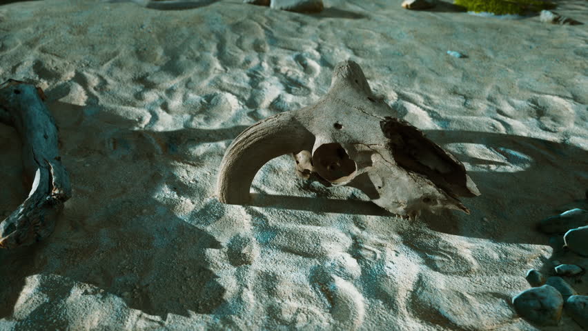 A piece of driftwood sitting on top of a sandy beach, under the bright sun.