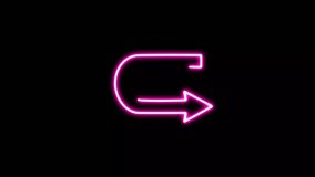U-turn arrow icon in neon pink color. Flat style arrows in different directions on black background. Neon line right arrow blinking animation. 