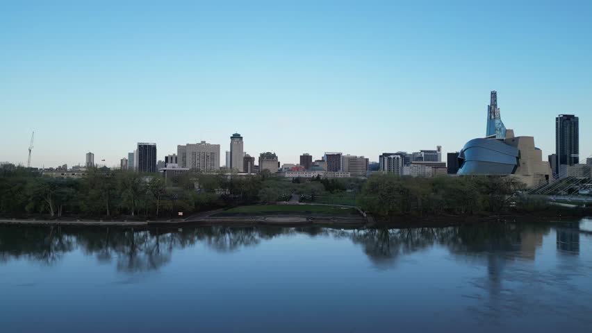 Downtown Winnipeg and the forks on summer morning drone aerial