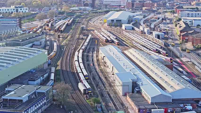 A train station and depot shot from above in Derby, UK