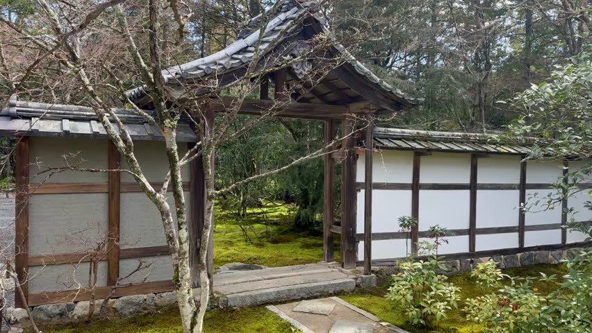 Traditional Wooden Shed And Fence In Saihoji Temple In Katsura, Southwest Kyoto, Japan. Static Shot