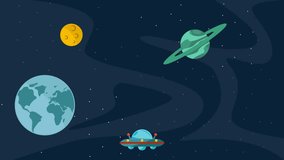  ufo flight at galaxy animation 2d video for astronomy concept , outer space exploration planet motion graphic illustration design