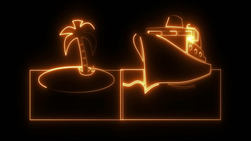 Neon Cargo ship icon isolated on black background.