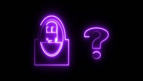 Abstract neon security lock sign icon animation on black background.