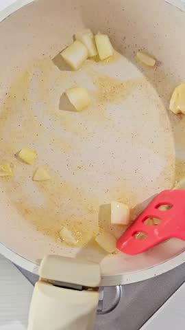 Stir Fry Onion on White Pan, Top View 